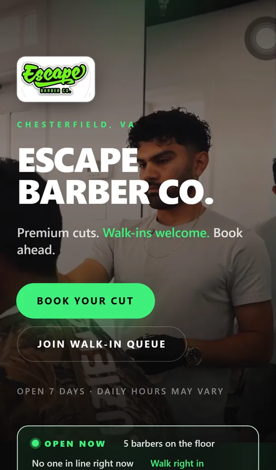 Escape Barber Co — live page